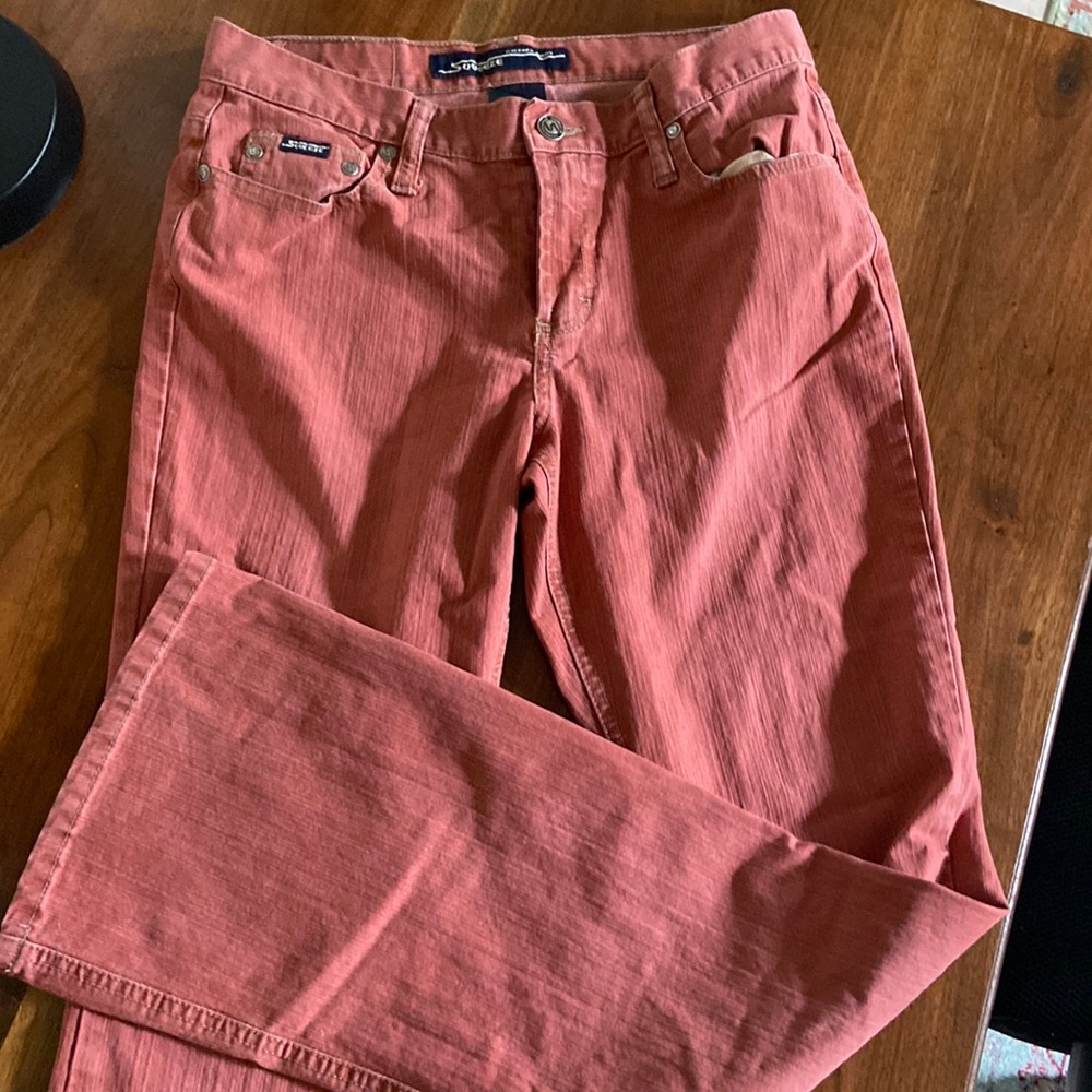 Stephen Hardy Squeeze rust colored flair mid rise jeans